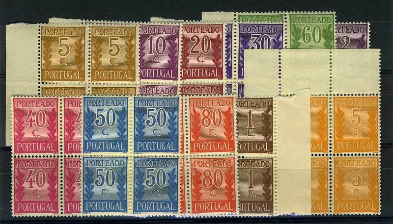 22Lis_1394.jpg -     Lote:    1394            Portugal       Descrição:         1940 &mdash; Porteado. Algarismo ladeado de ramos. CE POR54/64. Série completa em quadras. Valor de catálogo &euro; 162,40.        ***       Valor Base:     &euro; 40,00     Valor Venda:     &euro; 40,00     