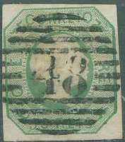 22Lis_1400.jpg -     Lote:    1400            Açores       Descrição:         1855/56 &mdash; D. Pedro V. cabelos lisos. CE8, 50 reis verde, com margens curtas, obliterado com carimbo numérico da 1.ª reforma 48 &mdash; Angra do Heroísmo. Valor de catálogo &euro; 155.00.        O       Valor Base:     &euro; 20,00     Valor Venda:     Retirado     
