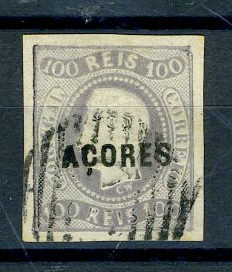 22Lis_1402.jpg -     Lote:    1402            Açores       Descrição:         1868 &mdash; D. Luís I, fita curva, não denteados. Selos do Continente com sobrecarga AÇORES, tipo A. CE6, 100 reis lilás, com boas margens. Valor de catálogo &euro; 233,00.        O       Valor Base:     &euro; 34,00     Valor Venda:     Retirado     