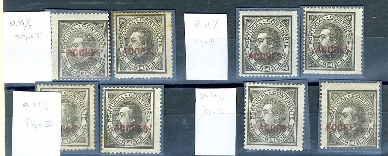 22Lis_1405.jpg -     Lote:    1405            Açores       Descrição:         1880/1881 &mdash; D. Luís I. De perfil. Selos do Continente com sobrecarga AÇORES a vermelho. CE32, 5 reis preto. Lote de 8 selos: 2 selos em denteado 12 &frac12;, tipo I e dois em tipo II + 2 selos em denteado 13 &frac12;, tipo I e mais dois em tipo II. Valor de catálogo &euro; 252,00. Um selo com manchas.        **       Valor Base:     &euro; 40,00     Valor Venda:     Retirado     