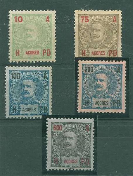 22Lis_1409.jpg -     Lote:    1409            Açores       Descrição:         1906 &mdash; D. Carlos I tipo Mouchon. Legendas A-H-PD. Lote de 5 selos de 10, 75, 100, 300 e 500 reis. CE98, 102, 103, 105 e 106. Valor de catálogo &euro; 34,10.        **       Valor Base:     &euro; 6,00     Valor Venda:     Retirado     