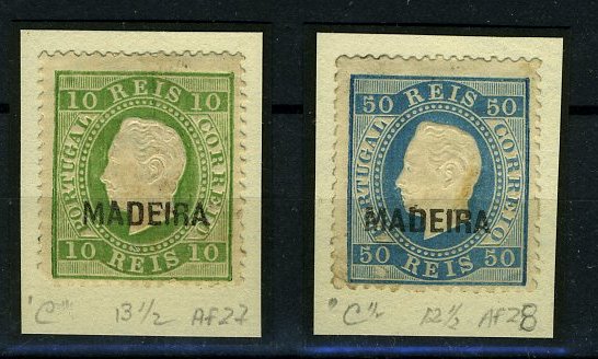 22Lis_1427.jpg -     Lote:    1427            Madeira       Descrição:         1879/80 &mdash; D. Luís I. Fita direita. Selos do Continente com sobrecarga Madeira, tipo C. Lote de dois selos: CE27, 10 reis verde amarelo, denteado 13 &frac12;, com um canto curto; CE28, 50 reis azul claro, denteado 12 &frac12;, com sobrecarga deslocada, sem goma. Valor de catálogo &euro; 315,00.        **/*       Valor Base:     &euro; 35,00     Valor Venda:     &euro; 40,00     