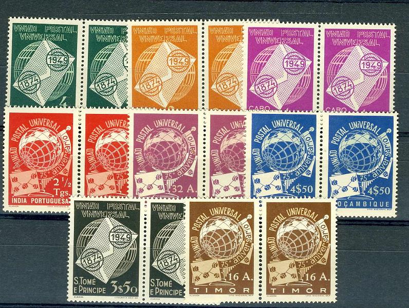 22Lis_1434.jpg -     Lote:    1434            Ultramar       Descrição:         1949 &mdash; 75.º Aniversário da União Postal Universal. Série completa das 8 Províncias, em pares horizontais, novos sem sinal de charneira. Valor de catálogo &euro; 473,20.        ***       Valor Base:     &euro; 60,00     Valor Venda:     &euro; 65,00     