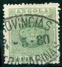 22Lis_1440.jpg -     Lote:    1440            Angola       Descrição:         1870 &mdash; Tipo Coroa. CE6, 50 reis verde, papel fino, denteado 12 &frac12;, obliterado com carimbo de denominação de origem "PROVÍNCIAS ULTRAMARINAS / 4-5-80".         O       Valor Base:     &euro; 5,00     Valor Venda:     &euro; 12,00     