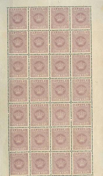 22Lis_1441.jpg -     Lote:    1441            Angola       Descrição:         1870 &mdash; Tipo Coroa. CE7, 100 reis violeta, papel liso, denteado 12 &frac12;. Folha completa de 28 selos. Valor de catálogo &euro; 476,00.        *       Valor Base:     &euro; 33,00     Valor Venda:     Retirado     