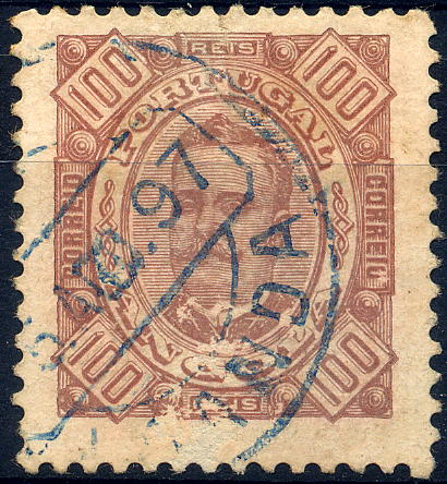 22Lis_1445.jpg -     Lote:    1445            Angola       Descrição:         1893/94 &mdash; D. Carlos I, Diogo Neto. CE33, 100 reis castanho s/ castanho amarelo, denteado 11 &frac12;. Valor de catálogo &euro; 219,00. MB.        O       Valor Base:     &euro; 50,00     Valor Venda:     &euro; 100,00     