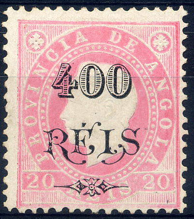 22Lis_1448.jpg -     Lote:    1448            Angola       Descrição:         1902 &mdash; D. Luís I com sobretaxa. CE60, 400 reis s/ 20 reis rosa, tipo II, denteado 12 &frac12;, papel porcelana. Bonito exemplar. Valor de catálogo &euro; 126,00.        **       Valor Base:     &euro; 30,00     Valor Venda:     &euro; 55,00     