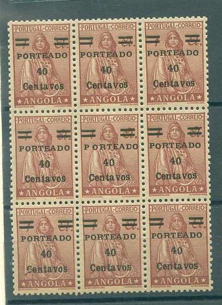 22Lis_1464.jpg -     Lote:    1464            Angola       Descrição:         1949 &mdash; Porteado. Ceres, novo tipo, com sobretaxa. CE34, 40c s/ 1$00. Bloco de 9 selos (3x3). Variedade P ORTEADO. MB e MR.        ***       Valor Base:     &euro; 10,00     Valor Venda:     &euro; 30,00     