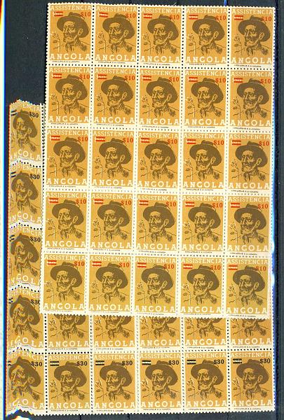22Lis_1465.jpg -     Lote:    1465            Angola       Descrição:         1957 &mdash; Imposto Postal. Colono, com sobretaxa. CE IP9, $10 s/ $50 (vermelha) e CE11, $30 s/$50. Lote composto por dois blocos de 50 selos de cada. Bom para estudo de composição da chapa. Valor de catálogo &euro; 30.00.        *       Valor Base:     &euro; 6,00     Valor Venda:     &euro; 6,00     