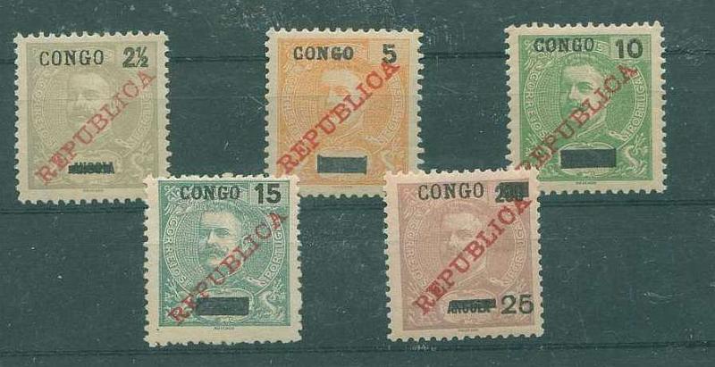 22Lis_1466.jpg -     Lote:    1466            Congo       Descrição:         1911 &mdash; D. Carlos I Mouchon de Angola, com sobrecarga CONGO e REPÚBLICA. CE55/59. Série completa. Selos de 2 &frac12; c e 25 s/200 reis com traço fino. Valor de catálogo &euro; 15,35.        **       Valor Base:     &euro; 5,00     Valor Venda:     &euro; 8,00     