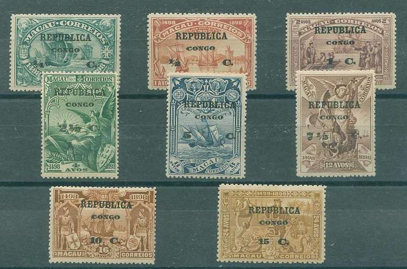22Lis_1467.jpg -     Lote:    1467            Congo       Descrição:         1913 &mdash; 4.º Centenário do Descobrimento do Caminho Marítimo para a Índia, com sobrecarga e sobretaxa, sobre selos de Macau. CE83/90. Série completa. Valor de catálogo &euro; 20,45.        **       Valor Base:     &euro; 5,00     Valor Venda:     &euro; 14,00     