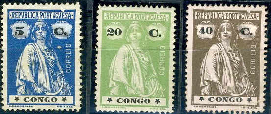 22Lis_1469.jpg -     Lote:    1469            Congo       Descrição:         1914 &mdash; Ceres. Lote de 3 selos de 5c, 20c e 40c, CE105, 110 e 112, todos com fenda no quadro sobre a letra E de PORTUGUESA.        **       Valor Base:     &euro; 5,00     Valor Venda:     &euro; 10,00     