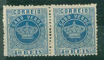 22Lis_1473.jpg -     Lote:    1473            Cabo Verde       Descrição:         1877 - Selo tipo Coroa CE5, 40 reis. Par horizontal, sem goma        *       Valor Base:     &euro; 40,00     Valor Venda:     Retirado     