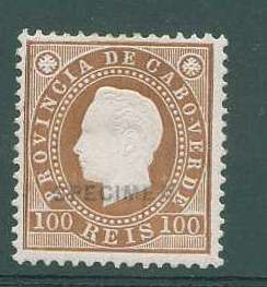 22Lis_1474.jpg -     Lote:    1474            Cabo Verde       Descrição:         1886 &mdash; D. Luís I. Fita direita. CE21, 100 reis castanho amarelo, denteado 12 &frac12;, com sobrecarga horizontal a preto SPECIMEN.        **       Valor Base:     &euro; 6,00     Valor Venda:     Retirado     