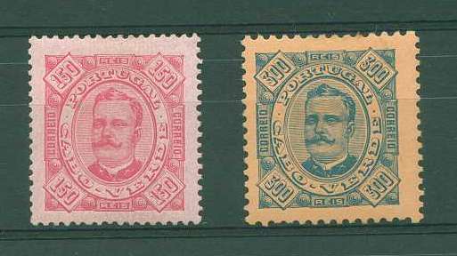22Lis_1475.jpg -     Lote:    1475            Cabo Verde       Descrição:         1893 &mdash; D. Carlos I Diogo Neto. Lote composto por dois selos: 150 reis carmim sobre rosa, denteado 13 &frac12;, papel porcelana CE34 e 300 reis azul s/ laranja, denteado 11 &frac12;, papel porcelana, CE36. Valor de catálogo &euro; 88,50.        **       Valor Base:     &euro; 5,00     Valor Venda:     &euro; 14,00     