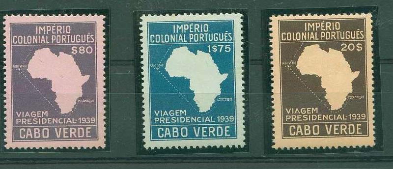 22Lis_1478.jpg -     Lote:    1478            Cabo Verde       Descrição:         1939 &mdash; Segunda Viagem Presidencial às Colónias. CE236/238. Série completa. Valor de catálogo &euro; 261,15.        ***       Valor Base:     &euro; 70,00     Valor Venda:     &euro; 70,00     