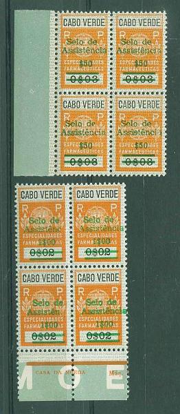22Lis_1483.jpg -     Lote:    1483            Cabo Verde       Descrição:         1971 - Imposto Postal. Selos fiscais de Especialidades Farmacêuticas. CE IP18 e 21, $50 s/ $03 e 1$00 s/ 0$02. Duas quadras. Valor de catálogo &euro; 13,10.        ***       Valor Base:     &euro; 7,00     Valor Venda:     &euro; 22,00     