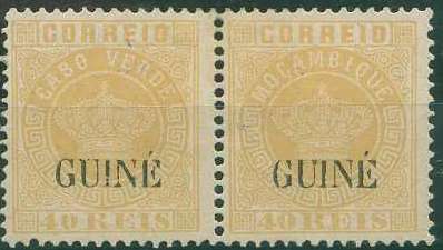 22Lis_1487.jpg -     Lote:    1487            Guiné       Descrição:         1885 &mdash; Tipo Coroa. Selos de Cabo Verde, com sobrecarga GUINÉ, grande. Novas cores. CE22, 40 reis amarelo, denteado 12 &frac12;. Par horizontal, com o erro. Cliché de 40 reis de MOÇAMBIQUE montado por engano na chapa dos selos de Cabo Verde. Valor de catálogo &euro; 85,00.        **       Valor Base:     &euro; 40,00     Valor Venda:     &euro; 85,00     