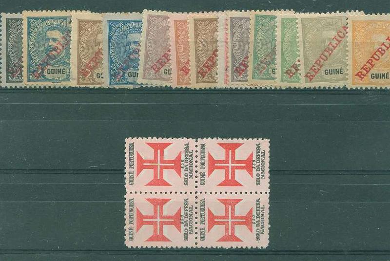22Lis_1488.jpg -     Lote:    1488            Guiné       Descrição:         1911 - D. Carlos I. CE 98/108 e 110/111 com sobrecarga Republica, selos com charneira + CE IP 13 Defesa Nacional. Cruz de Cristo deslocada. Quadra sem goma.         **/*       Valor Base:     &euro; 5,00     Valor Venda:     Retirado     