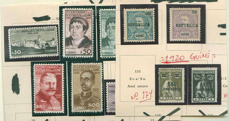 22Lis_1493.jpg -     Lote:    1493            Guiné       Descrição:         1919/45 &mdash; D. Carlos I com sobrecarga + Ceres com sobretaxa, 5.º Centenário da Descoberta da Guiné + Imposto Postal ª Assistência. CE172/173, CE174/175, CE201/203, CE241/247 e CE IP8/9. Séries completas com sinal de charneira. Valor de catálogo &euro; 213,55.        Lote       Valor Base:     &euro; 40,00     Valor Venda:     Retirado     