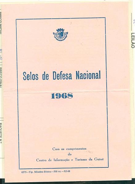 22Lis_1497.jpg -     Lote:    1497            Guiné       Descrição:         1968 &mdash; Imposto Postal. Selos de Defesa Nacional. Brochura editada pelo Centro de Informação e Turismo da Guiné, com folha completa de 12 selos, não denteados, da taxa de 1$00, CE30. Editados apenas 500 exemplares.        PRV       Valor Base:     &euro; 10,00     Valor Venda:     &euro; 12,00     