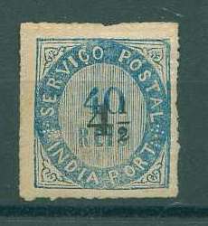 22Lis_1498.jpg -     Lote:    1498            Índia       Descrição:         1883 &mdash; Nativos. Com sobretaxa em moeda local. CE123, 4 &frac12; s/ 40 reis, azul, tipo II, papel espesso. Valor de catálogo &euro; 56,60.        */O       Valor Base:     &euro; 15,00     Valor Venda:     &euro; 38,00     