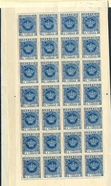 22Lis_1500.jpg -     Lote:    1500            Índia       Descrição:         1882 &mdash; Tipo Coroa. Valores em moeda local. Lote de 2 folhas completas, denteado 13 &frac12;, tipo I em papel liso medi, de 2 Tangas azul e 8 Tangas laranja CE119 e 121. Valor de catálogo &euro; 299,60.        *       Valor Base:     &euro; 40,00     Valor Venda:     &euro; 50,00     