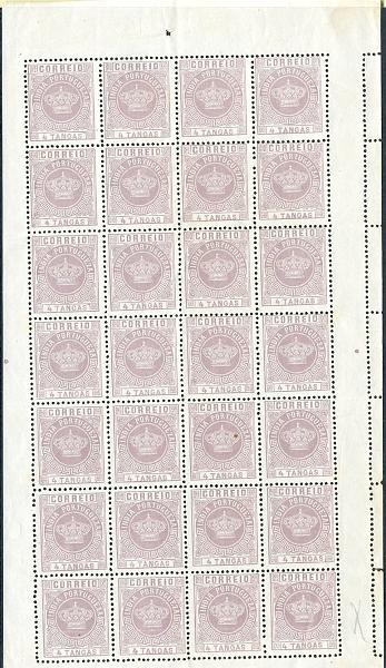 22Lis_1501.jpg -     Lote:    1501            Índia       Descrição:         1882 &mdash; Tipo Coroa. Valores em moeda local. Tipo I. CE120, 4 Tangas lilás claro, denteado 12 &frac12;. Folha completa com 28 selos. Margem direita com denteado deslocado. Valor de catálogo &euro; 182,00.        *       Valor Base:     &euro; 25,00     Valor Venda:     &euro; 34,00     