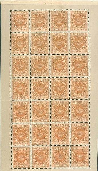 22Lis_1502.jpg -     Lote:    1502            Índia       Descrição:         1882 &mdash; Tipo Coroa. Valores em moeda local. CE121, 8T castanho-laranja. Folha completa de 28 selos em denteado 12 &frac12;, tipo I. Valor de catálogo &euro; 182,00.        *       Valor Base:     &euro; 30,00     Valor Venda:     &euro; 55,00     
