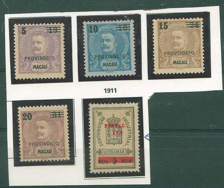 22Lis_1513.jpg -     Lote:    1513            Macau       Descrição:         1900/1911 &mdash; D. Carlos I Mouchon, com sobretaxa e sobrecarga + Estampilha Fiscal com sobretaxa. CE91/94 e 144. Séries completas. Valor de catálogo &euro; 46,15.        **       Valor Base:     &euro; 14,00     Valor Venda:     &euro; 14,00     