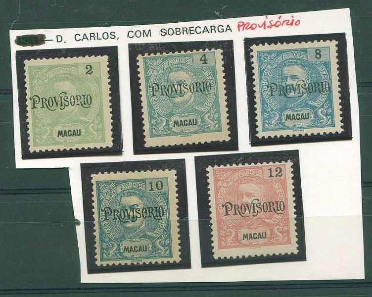 22Lis_1516.jpg -     Lote:    1516            Macau       Descrição:         1902 &mdash; D. Carlos I tipo Mouchon com sobrecarga Provisório. CE124/128. Série completa com muito leve sinal de charneira. Valor de catálogo &euro; 71.60.        **       Valor Base:     &euro; 22,00     Valor Venda:     &euro; 28,00     