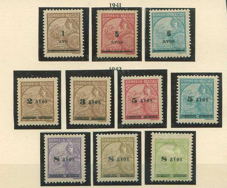 22Lis_1526.jpg -     Lote:    1526            Macau       Descrição:         1941/42 &mdash; Padrões, com sobretaxa. CE306/308 e CE309/315. Séries completas. Valor de catálogo &euro; 133.00.        **       Valor Base:     &euro; 40,00     Valor Venda:     &euro; 55,00     