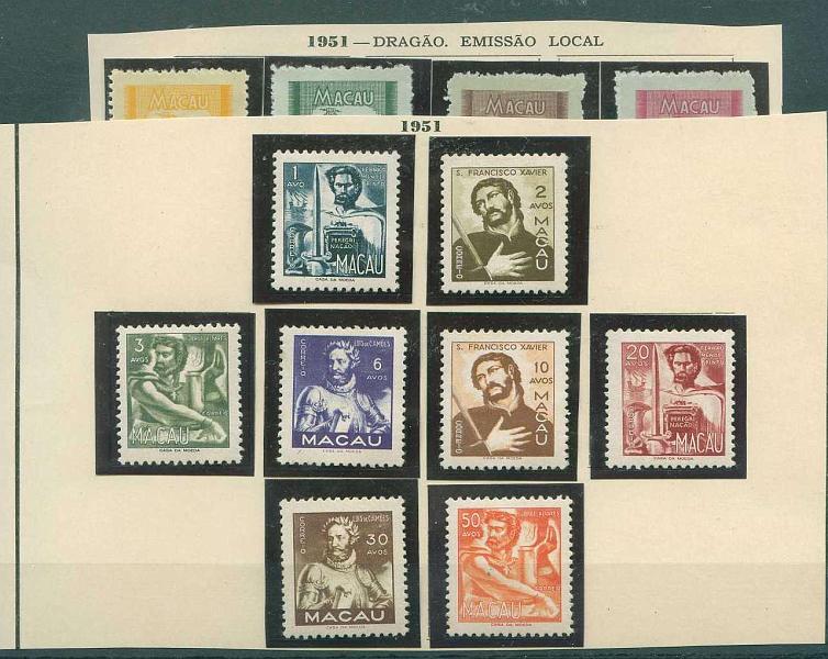 22Lis_1531.jpg -     Lote:    1531            Macau       Descrição:         1950/1951 &mdash; Vinheta tipo "Dragão" + Vultos do Oriente. CE351/354 e CE355/362. Séries completas. Selos 358 e 362 com ligeiro ponto de óxido. Valor de catálogo &euro; 50,75.        **/*       Valor Base:     &euro; 10,00     Valor Venda:     Retirado     