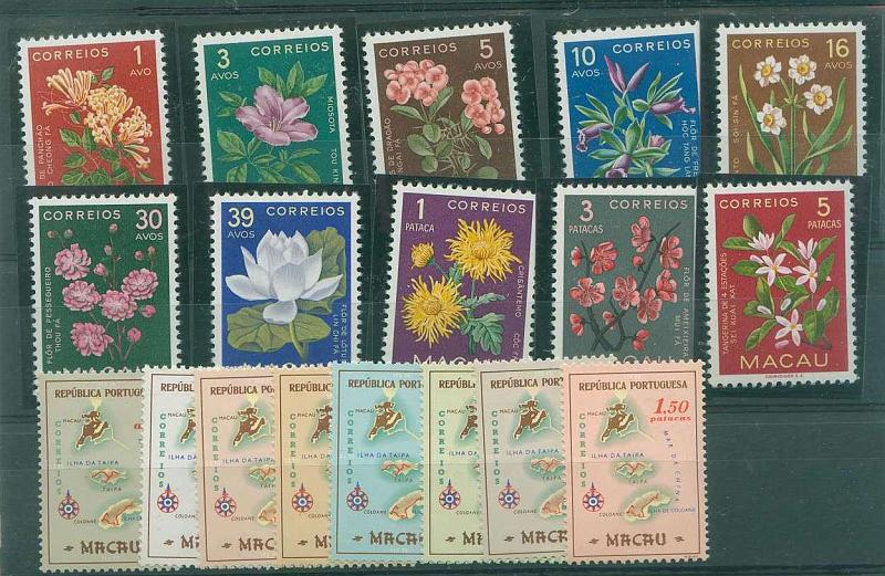 22Lis_1533.jpg -     Lote:    1533            Macau       Descrição:         1953/1956 &mdash; Flores de Macau + Carta Geográfica de Macau. CE374/383 + CE386/393. Séries completas. Valor de catálogo &euro; 80,05.        ***       Valor Base:     &euro; 24,00     Valor Venda:     &euro; 70,00     
