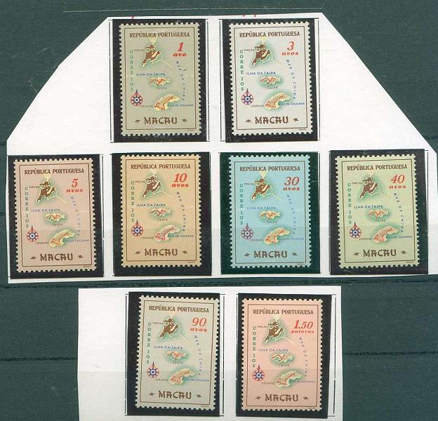 22Lis_1534.jpg -     Lote:    1534            Macau       Descrição:         1956 &mdash; Carta Geográfica de Macau. CE386/393. Série completa. Valor de catálogo &euro; 28.35.        **       Valor Base:     &euro; 8,00     Valor Venda:     &euro; 14,00     
