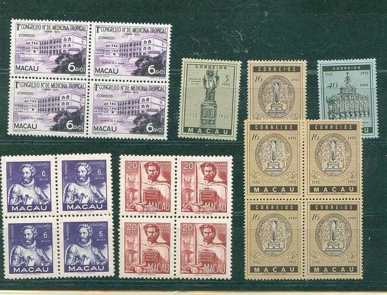 22Lis_1537.jpg -     Lote:    1537            Macau       Descrição:         1951/1952 - Lote composto de; Vultos do Oriente CE358, 6 avos e CE 360, 20 avos, em quadras novas sem charneira. A quadra de 6 avos o selo inferior esquerdo tem papel colado. CE 367, Medicina Tropical, quadra nova sem charneira; CE 368/370, S. Francisco Xavier, série nova com charneira; CE 369, S. Francisco Xavier. Quadra nova sem charneira.        **       Valor Base:     &euro; 18,00     Valor Venda:     Retirado     