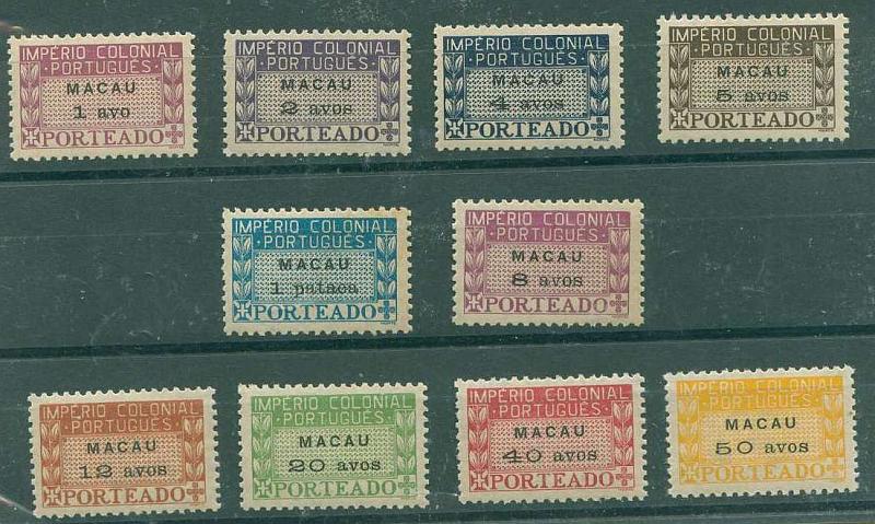 22Lis_1543.jpg -     Lote:    1543            Macau       Descrição:         1947 &mdash; Porteado. Império Colonial Português. CE POR34/43. Série completa. Valor de catálogo &euro; 73,60.        **       Valor Base:     &euro; 20,00     Valor Venda:     &euro; 32,00     