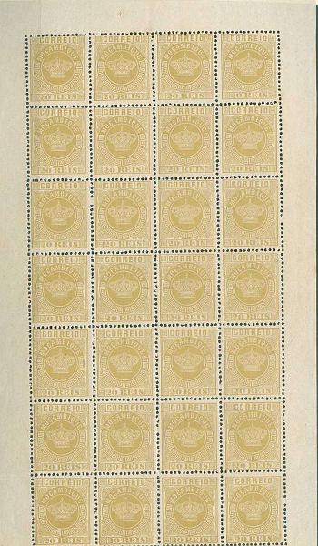22Lis_1549.jpg -     Lote:    1549            Moçambique       Descrição:         1876 &mdash; Tipo Coroa. CE3, 20 reis bistre, papel liso, denteado 12 &frac12;. Folha completa de 28 selos. Valor de catálogo &euro; 58,80.        *       Valor Base:     &euro; 40,00     Valor Venda:     Retirado     