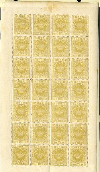 22Lis_1550.jpg -     Lote:    1550            Moçambique       Descrição:         1876/85 &mdash; Tipo Coroa. Lote de 3 folhas completas de 28 selos nas taxas de 20 reis bistre CE3, denteado 12 &frac12;, 200 reis laranja CE8, denteado 13 &frac12;, e 40 reis amarelo CE13, denteado 12 &frac12;. Valor de catálogo &euro; 382,20.        *       Valor Base:     &euro; 40,00     Valor Venda:     &euro; 55,00     