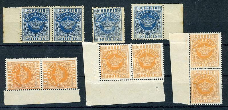 22Lis_1552.jpg -     Lote:    1552            Moçambique       Descrição:         1876 &mdash; Tipo Coroa. Lote composto por par e um selos de 40 reis azul escuro, denteado 12 &frac12; (um pouco farpeado) e outro em denteado 13 &frac12;, irregular, CE5 + 3 pares de 200 reis laranja, denteado 13 &frac12;. Valor de catálogo &euro; 163,90.        *       Valor Base:     &euro; 30,00     Valor Venda:     &euro; 30,00     