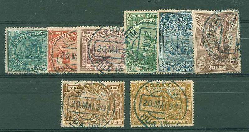 22Lis_1558.jpg -     Lote:    1558            Moçambique       Descrição:         1898 &mdash; 4.º Centenário do Descobrimento do Caminho Marítimo para a Índia, selos para as colónias de África. CE 1//8. Série completa, obliterada com carimbo de VILLA LUIZA. MB e MR.        O       Valor Base:     &euro; 15,00     Valor Venda:     &euro; 40,00     
