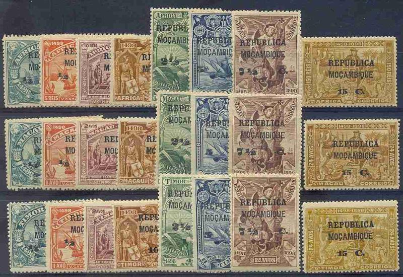 22Lis_1560.jpg -     Lote:    1560            Moçambique       Descrição:         1913 &mdash; 4.º Centenário do Descobrimento do Caminho Marítimo para a Índia, com sobrecarga e sobretaxa. Série completa CE 129/152. Selos N. Valor de catálogo &euro;  59,00        **       Valor Base:     &euro; 10,00     Valor Venda:     &euro; 12,00     