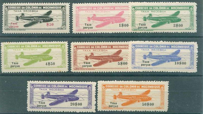 22Lis_1572.jpg -     Lote:    1572            Moçambique       Descrição:         1947 &mdash; Avião, com legenda Taxe Perçue. CE CA16/23. Série completa. Todos os selos em perfeito estado de conservação, com excepção do selo de 4$50 que tem um ponto de óxido. Valor de catálogo &euro; 246,60.        ***       Valor Base:     &euro; 75,00     Valor Venda:     &euro; 75,00     