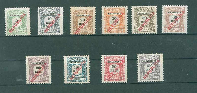 22Lis_1575.jpg -     Lote:    1575            Moçambique       Descrição:         1916 &mdash; Porteado. Emissão Regular em reis, com sobrecarga República tipografada localmente. Emitidos sem goma. CE POR21/30. Série completa. Valor de catálogo &euro; 483,10. MB e MR.        *       Valor Base:     &euro; 120,00     Valor Venda:     &euro; 200,00     