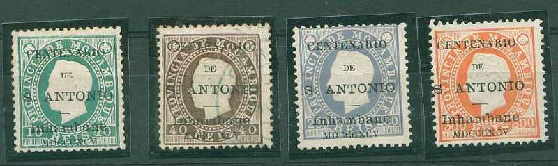 22Lis_1579.jpg -     Lote:    1579            Inhambane       Descrição:         1895 &mdash; Selos de D. Luís I. Fita direita de Moçambique, com sobrecarga "Centenário de S. António". CE2, 5, 8 e 9, 10 reis verde **, 40 reis castanho O, 200 reis azul violeta **, e 300 reis laranja **. Valor de catálogo &euro; 338,80.        **/O       Valor Base:     &euro; 125,00     Valor Venda:     &euro; 140,00     