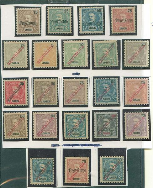 22Lis_1608.jpg -     Lote:    1608            Zambézia       Descrição:         1902/1914 &mdash; D. Carlos I Mouchon com sobrecarga Provisório + D. Carlos I com sobrecarga República da Casa da Moeda + D. Carlos I Mouchon com Sobrecarga. CE42/45, CE55/69, CE79/80 e CE88. Séries completas. Valor de catálogo &euro; 47,35.        **       Valor Base:     &euro; 14,00     Valor Venda:     &euro; 22,00     