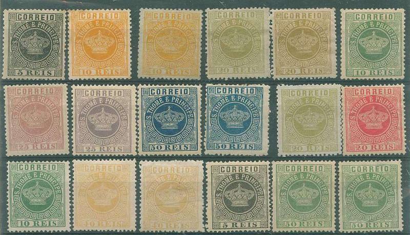 22Lis_1610.jpg -     Lote:    1610            S. Tomé e Príncipe       Descrição:         1870/85 &mdash; Tipo Coroa. Lote de 18 selos de diversas taxas, denteados e diferentes papeis, em estado de novo. Alto valor de catálogo. Lote a ver.        Lote       Valor Base:     &euro; 40,00     Valor Venda:     Retirado     
