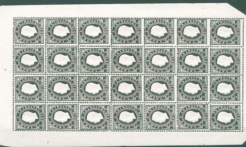 22Lis_1611.jpg -     Lote:    1611            S. Tomé e Príncipe       Descrição:         1887 &mdash; D. Luís I. Fita direita. CE15, 5 reis preto, denteado 13 &frac12;. Folha completa de 28 selos. Valor de catálogo &euro; 364,00.        ***       Valor Base:     &euro; 60,00     Valor Venda:     Retirado     