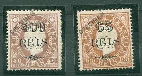 22Lis_1612.jpg -     Lote:    1612            S. Tomé e Príncipe       Descrição:         1902 &mdash; D. Luís I, fita direita, com sobretaxa. Lote de dois selos de 400 s/ 40 reis CE68 e 65 s/ 100 reis CE63, com sobrecarga oblíqua a preto "SPECIMEN".        **       Valor Base:     &euro; 40,00     Valor Venda:     Retirado     