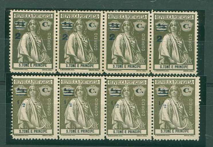 22Lis_1613.jpg -     Lote:    1613            S. Tomé e Príncipe       Descrição:         1919 &mdash; Ceres, com sobretaxa. Lote composto por duas tiras horizontais de 4 selos cada, de &frac12; c s/ &frac14; c CE231 e 2c s/ &frac14; c CE232. Valor de catálogo &euro; 34,00.        *       Valor Base:     &euro; 8,00     Valor Venda:     Retirado     